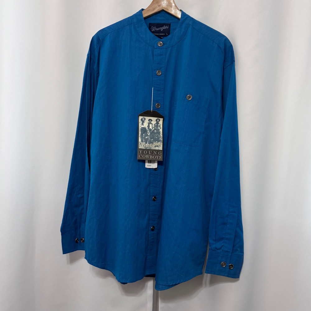 Wrangler Young Cowboys Blue Band Collar Western Shirt Mens Large MV2252A NWT